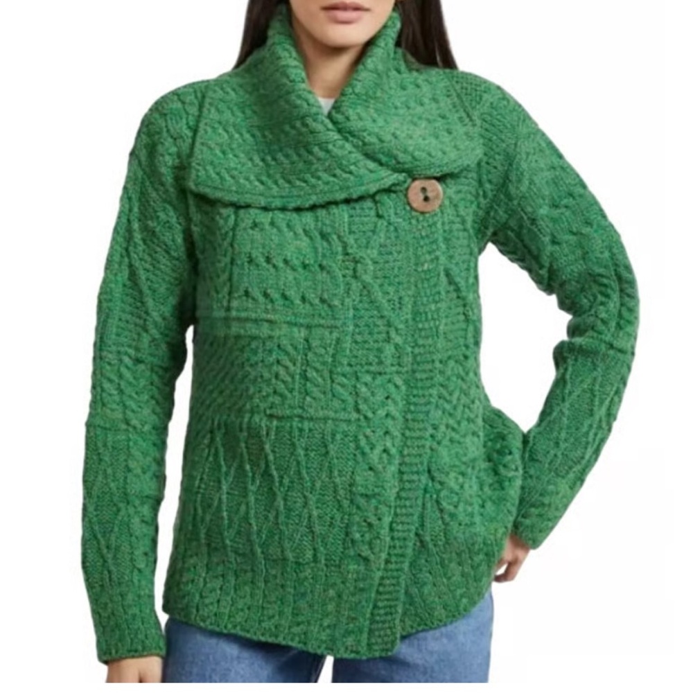 CARRAIG DONN 100% Merino Wool Fisherman 1-Button Cardigan Made In Ireland Size S - Picture 1 of 6